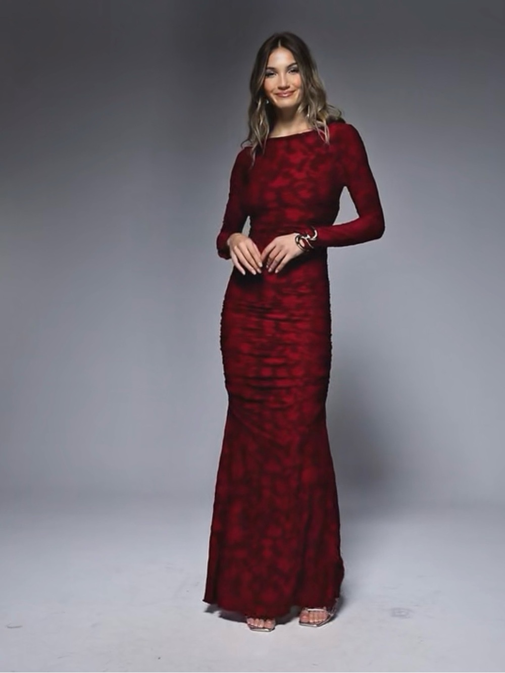 ASOS DESIGN Devore Ruched Maxi Dress Wine Long Sleeve Size M